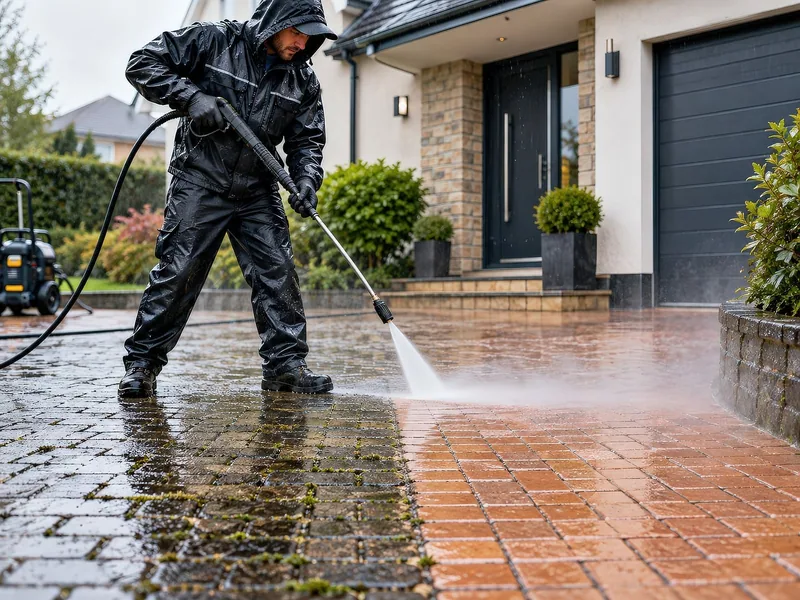 A block-paved driveway being jet washed, the washed half bright and the rest still dark with moss